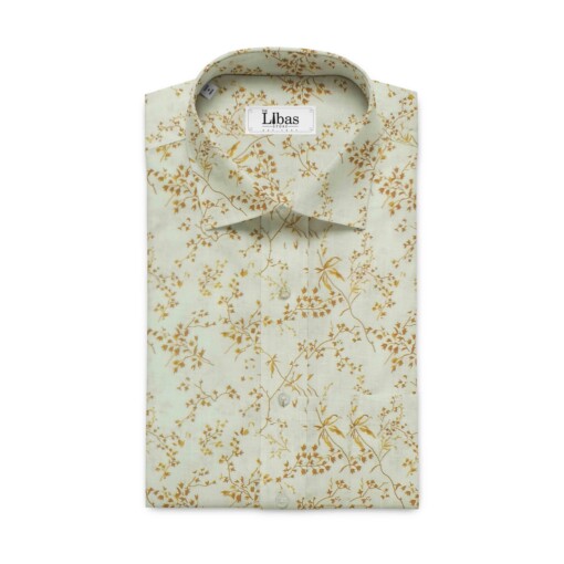 Linen Club Off White & Brown 60 LEA 100% Pure Linen Floral Printed Shirt Fabric