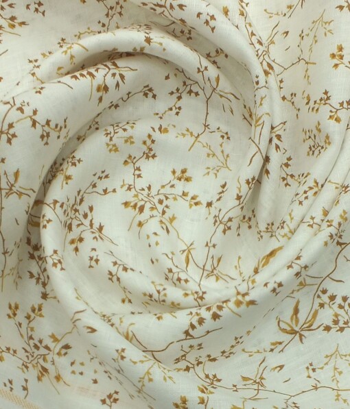 Linen Club Off White & Brown 60 LEA 100% Pure Linen Floral Printed Shirt Fabric