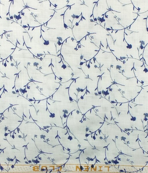 Linen Club White & Blue 60 LEA 100% Pure Linen Floral Printed Shirt Fabric