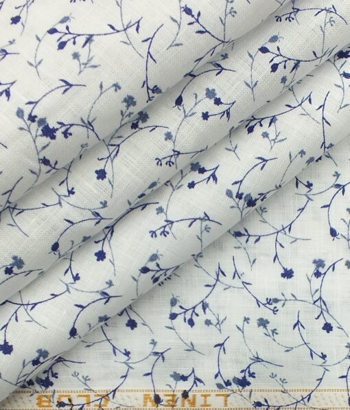 Linen Club White & Blue 60 LEA 100% Pure Linen Floral Printed Shirt Fabric