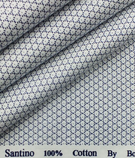 Bombay Rayon Men's White & Blue Cotton Printed Shirt Fabric