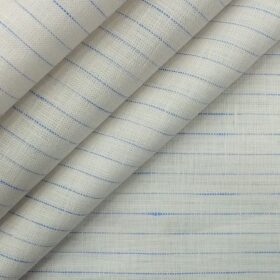 Cadini by Siyaram's White 60 LEA 100% Pure Linen Blue Striped Shirt Fabric