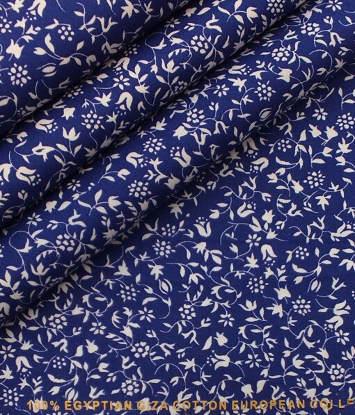 Nemesis Men's Royal Blue & White Floral Printed Giza Cotton Shirt Fabric