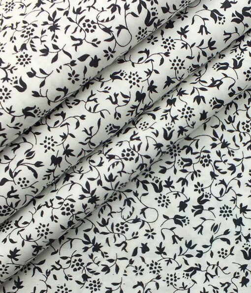 Nemesis Men's White & Black Floral Printed Giza Cotton Shirt Fabric