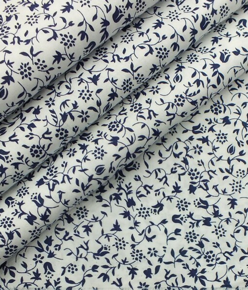 Nemesis Men's White & Royal Blue Printed Giza Cotton Shirt Fabric