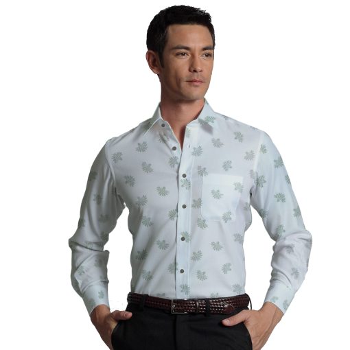 Soktas Men's White Giza Cotton Grey Floral Dobby Shirt Fabric