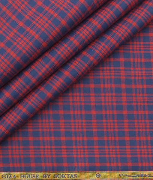 Soktas Men's Red & Blue Giza Cotton Burberry Check Twill Weave Shirt Fabric