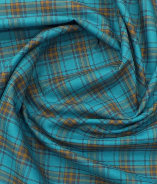 Soktas Men's Firozi Blue & Brown Giza Cotton Burberry Check Twill Weave Shirt Fabric