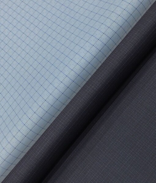 Raymond Dark Navy Blue Self Design Trouser Fabric With Exquisite Sky Blue Checks Shirt Fabric (Unstitched)