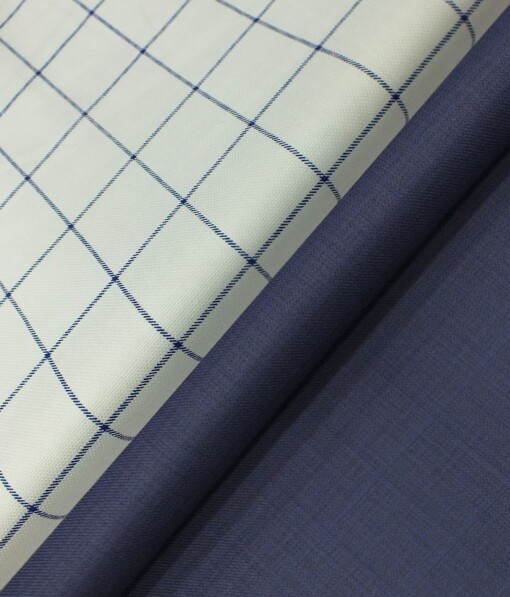 Raymond Bright Royal Blue Self Design Trouser Fabric With Exquisite White base Royal Blue Check Printed Shirt Fabric (Unstitched)