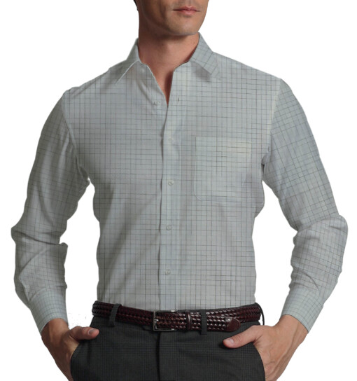 Exquisite Men's Light Grey Stuctured cum Checks Cotton Blend Shirt Fabric