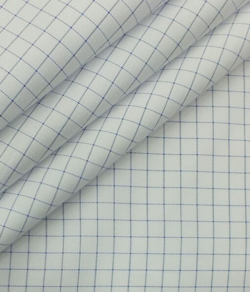 Exquisite Men's White base Blue Checks Cotton Blend Shirt Fabric