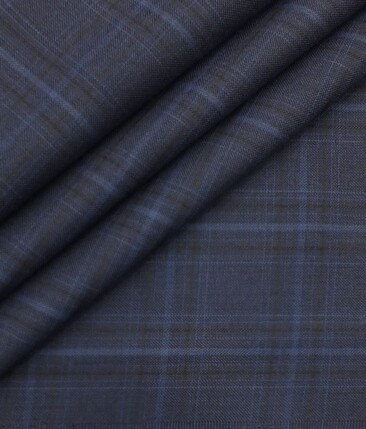 Italian Channel Dark Royal Blue Broad Checks Premium Party Wear Three Piece Unstitched Suit Length Fabric (Unstitched - 3.75 Mtr)