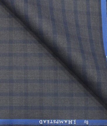 J.Hampstead by Siyaram's Men's Slate Blue Checks Poly Viscose Trouser Fabric (Unstitched - 1.25 Mtr)