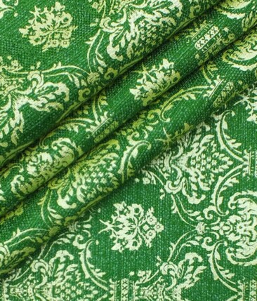 Mark & Peanni Bright Green Jute Weave Damask Print Premium Bandh Gala or Blazer Fabric (Unstitched - 2 Mtr)