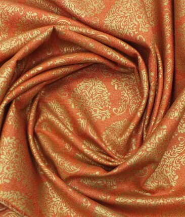 Mark & Peanni Bright Orange Jute Weave Damask Print Premium Bandh Gala or Blazer Fabric (Unstitched - 2 Mtr)