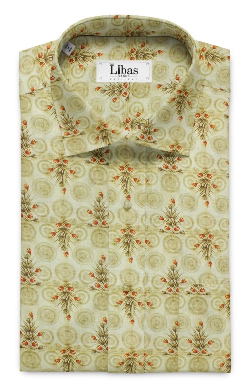 Linen Club Light Beige 100% Pure Linen 60 LEA Red & Brown Digital Floral Print Shirt Fabric (1.60 M)