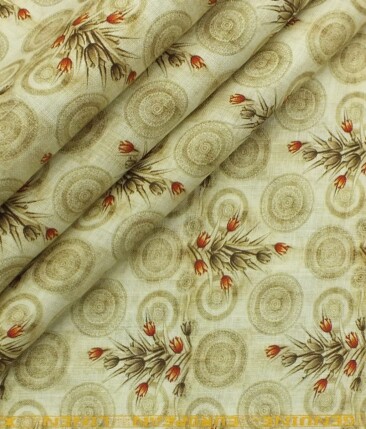 Linen Club Light Beige 100% Pure Linen 60 LEA Red & Brown Digital Floral Print Shirt Fabric (1.60 M)