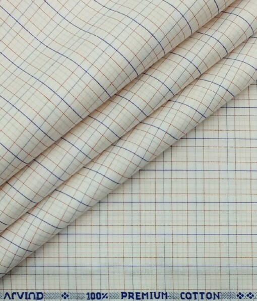 Arvind Men's Cream 100% Premium Cotton Red & Blue Check Shirt Fabric (1.60 M)