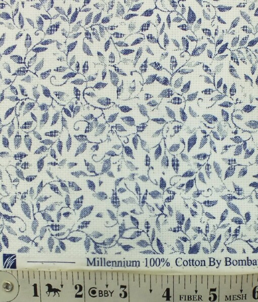 Bombay Rayon Men's White 100% Cotton Royal Oxford Weave Blue Floral Printed Shirt Fabric (1.60 M)