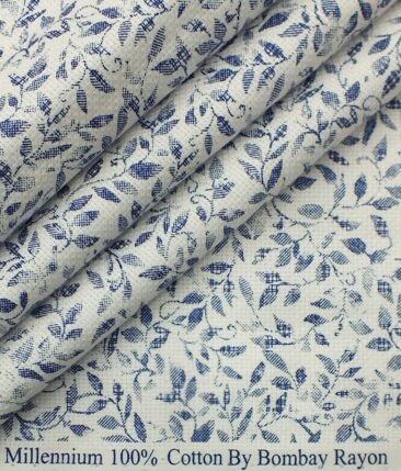 Bombay Rayon Men's White 100% Cotton Royal Oxford Weave Blue Floral Printed Shirt Fabric (1.60 M)