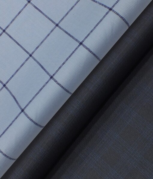 Raymond Dark Navy Blue Checks Trouser Fabric With Exquisite Sky Blue Broad Checks Printed Shirt Fabric (Unstitched)