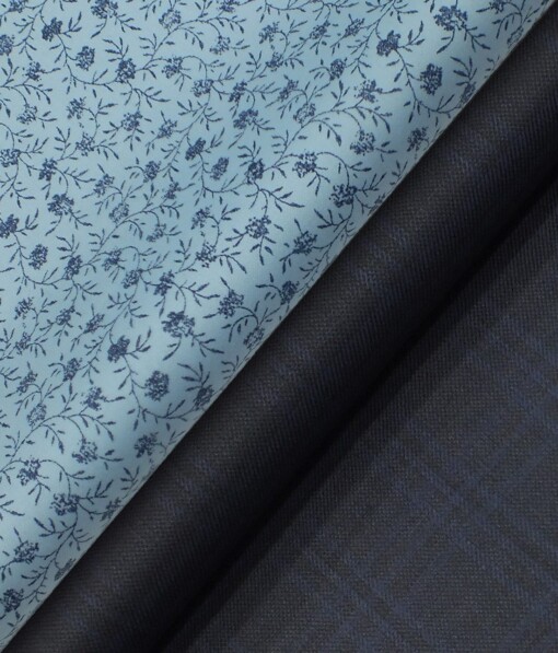 Raymond Dark Blue Checks Trouser Fabric With Exquisite Sky Blue Floral Printed Shirt Fabric (Unstitched)