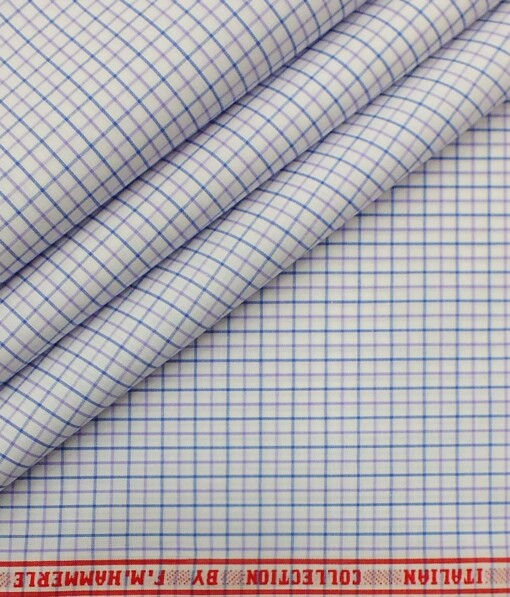 F.M. Hammerle Men's White 100% Supima 70's Cotton Purple & Blue Checks Shirt Fabric (1.60 M)