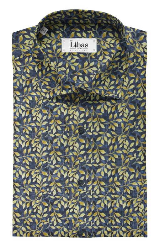 J.Hampstead by Siyaram's Men's Dark Blue & Yellow 100% Cotton Floral  Printed Shirt Fabric (1.60 M)