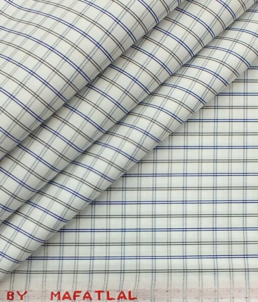 Mafatlal Men's White 100% Cotton Grey & Blue Check Shirt Fabric (1.60 M)