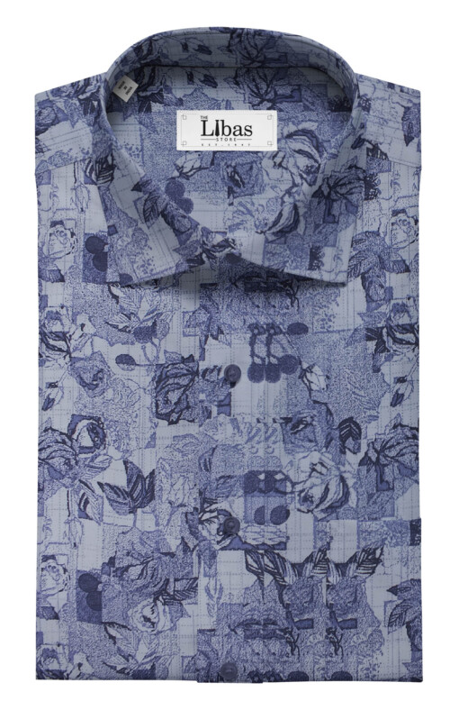 Nemesis Men's Light Blue 100% Egyptian Giza Cotton Floral Printed Shirt Fabric (1.60 M)
