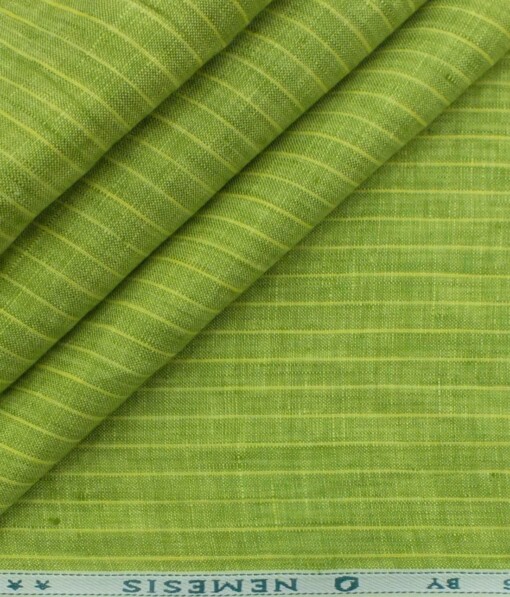 Nemesis Grass Green 100% Pure Linen 60 LEA Striped Shirt Fabric (1.60 M)