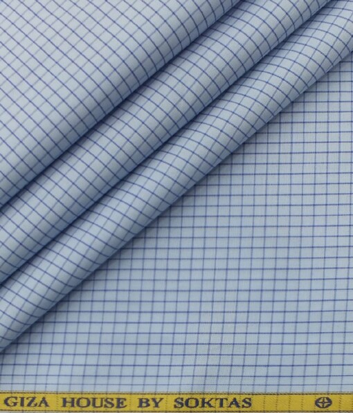 Soktas Men's Sky Blue 100% Giza Cotton Dark Blue Checks Shirt Fabric (1.60 M)