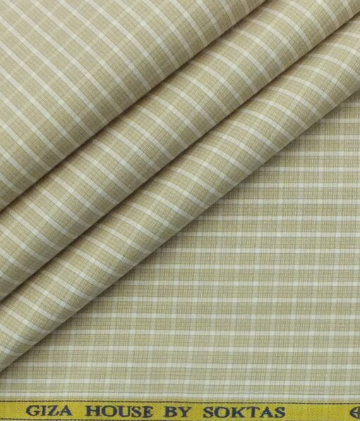 Soktas Men's Beige 100% Giza Cotton White Checks Shirt Fabric (1.60 M)