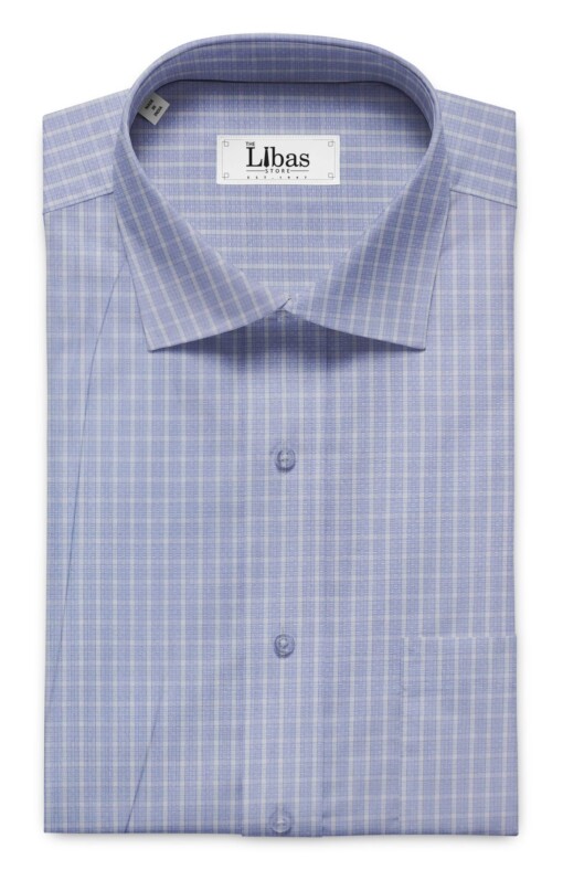Soktas Men's Skyblue 100% Giza Cotton White Checks Shirt Fabric (1.60 M)