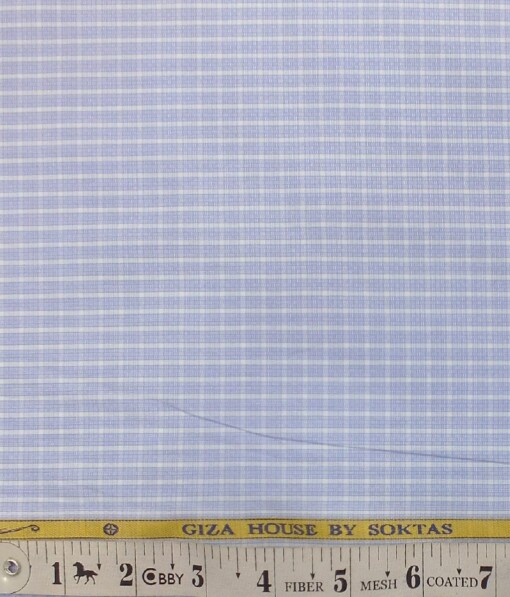 Soktas Men's Skyblue 100% Giza Cotton White Checks Shirt Fabric (1.60 M)