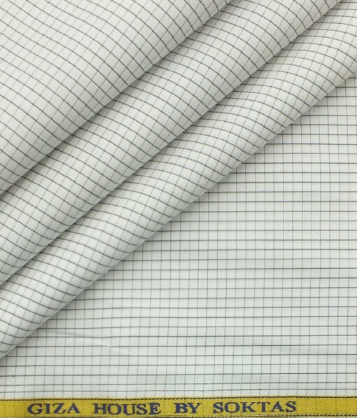 Soktas Men's White 100% Giza Cotton Grey Checks Shirt Fabric (1.60 M)