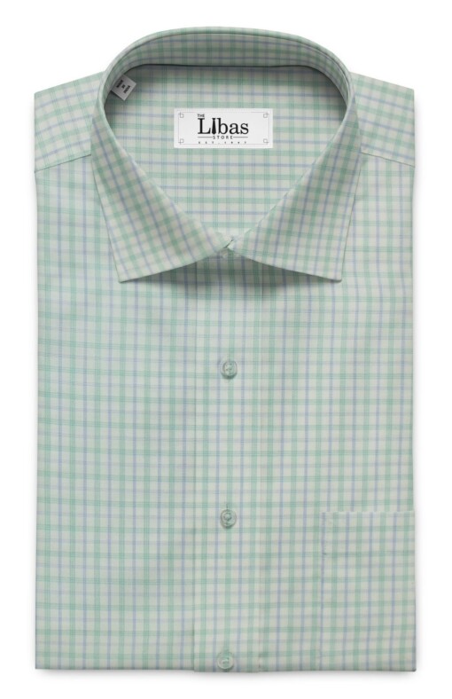 Soktas Men's White 100% Giza Cotton Green & Blue Checks Shirt Fabric (1.60 M)