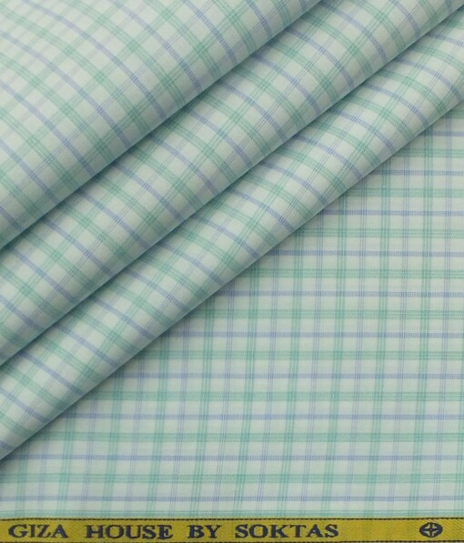 Soktas Men's White 100% Giza Cotton Green & Blue Checks Shirt Fabric (1.60 M)