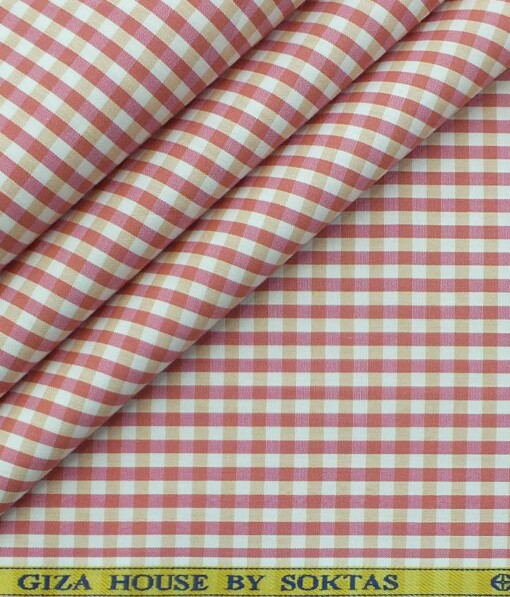 Soktas Men's White 100% Giza Cotton Pink Checks Shirt Fabric (1.60 M)