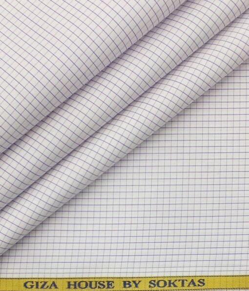 Soktas Men's White 100% Giza Cotton Purple Checks Shirt Fabric (1.60 M)