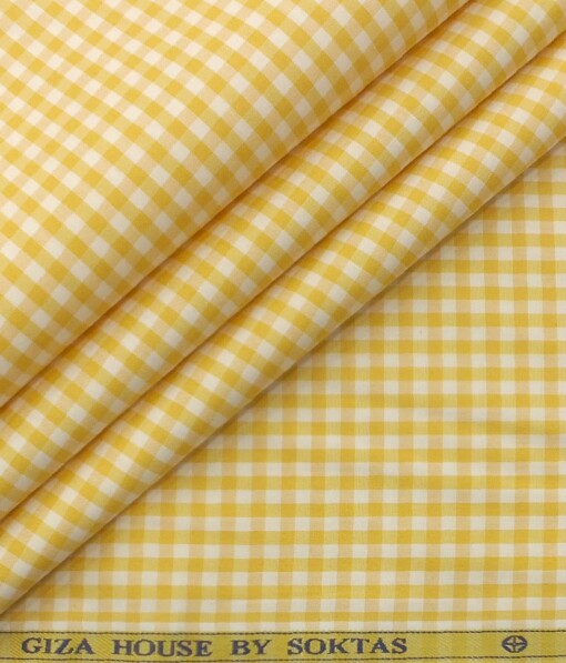 Soktas Men's White 100% Giza Cotton Yellow Checks Shirt Fabric (1.60 M)