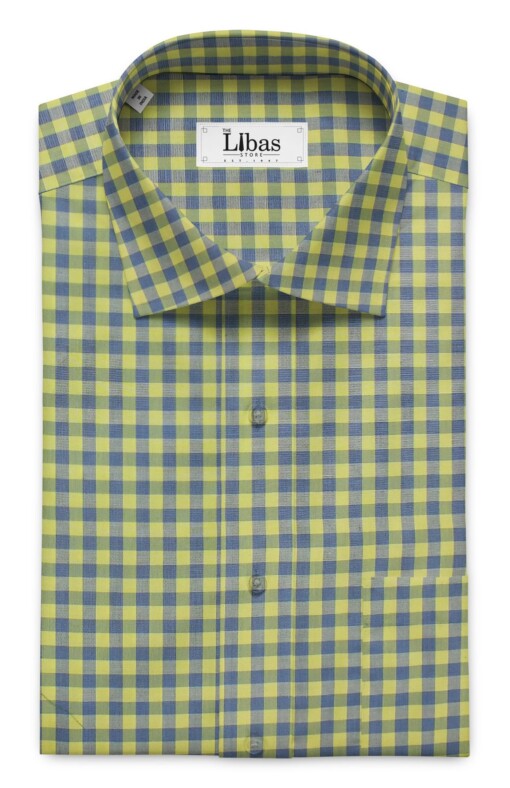 Soktas Men's Yellow 100% Giza Cotton Blue Checks Shirt Fabric (1.60 M)