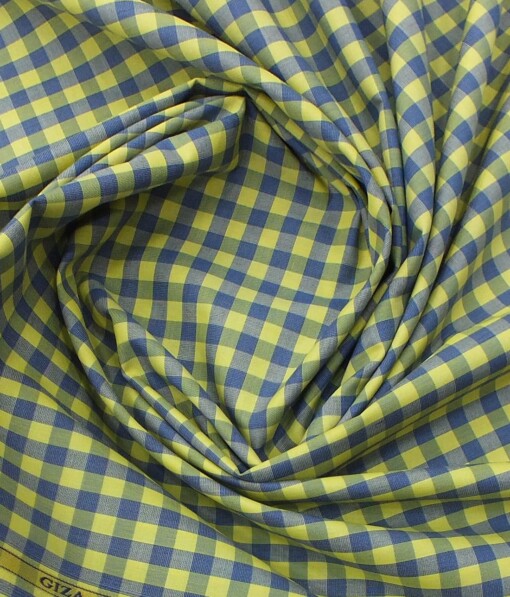 Soktas Men's Yellow 100% Giza Cotton Blue Checks Shirt Fabric (1.60 M)