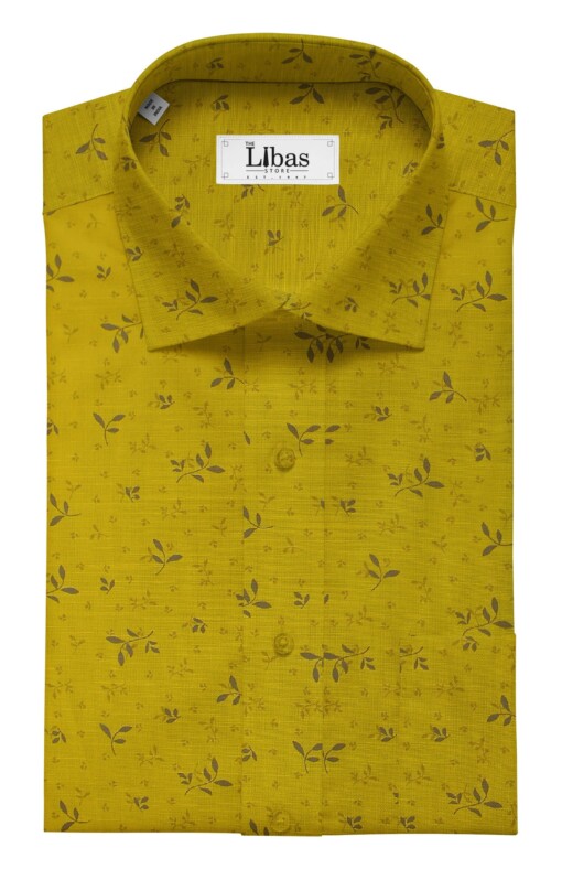 Solino Men's Medallion Yellow 50% Cotton + 50% Linen Brown Floral Print Shirt Fabric (1.60 M)