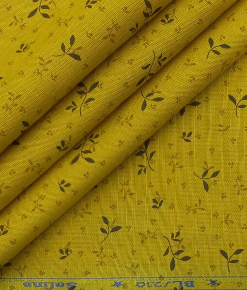 Solino Men's Medallion Yellow 50% Cotton + 50% Linen Brown Floral Print Shirt Fabric (1.60 M)