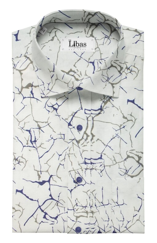 Solino Men's White 50% Cotton + 50% Linen Grey & Blue Print Shirt Fabric (1.60 M)