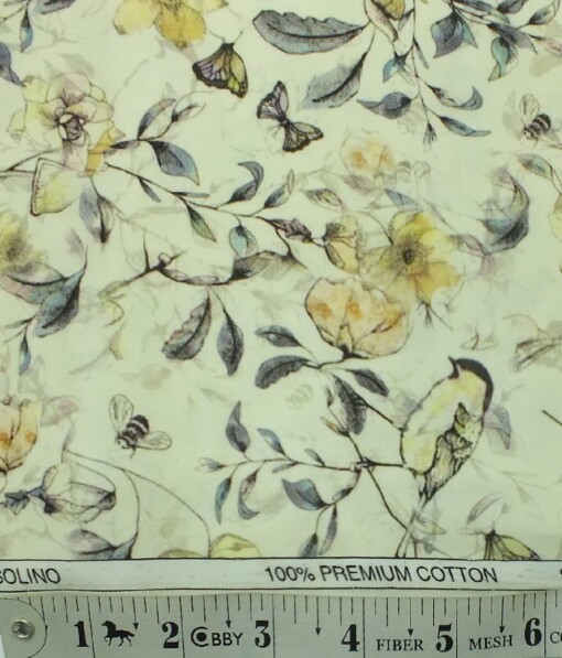 Solino Men's Light Yellow 100% Premium Cotton Digital Floral Print Shirt Fabric (1.60 M)