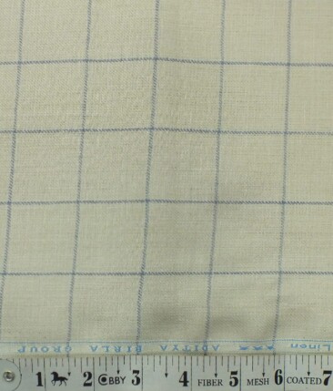 Linen Club Beige 100% Pure Linen Blue Check Trouser Fabric (1.30 M)