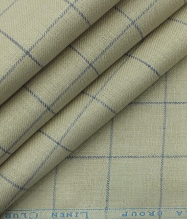 Linen Club Beige 100% Pure Linen Blue Check Trouser Fabric (1.30 M)